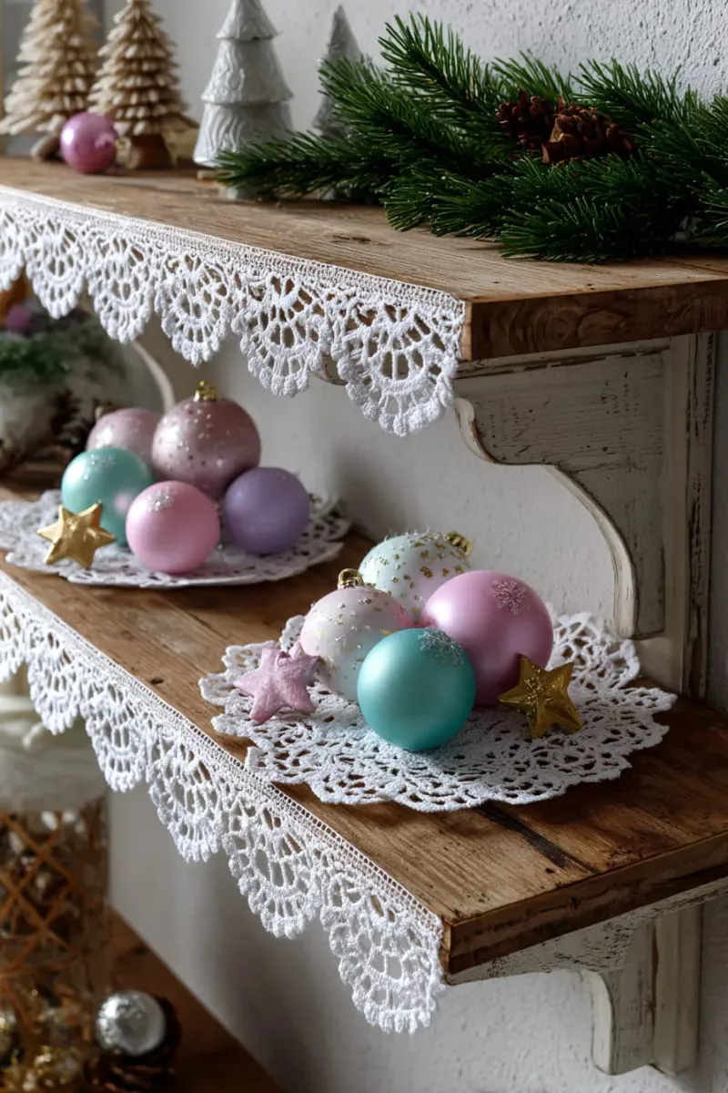 shabby chic shelf with lace doilies, pastel baubles, and paper stars 1