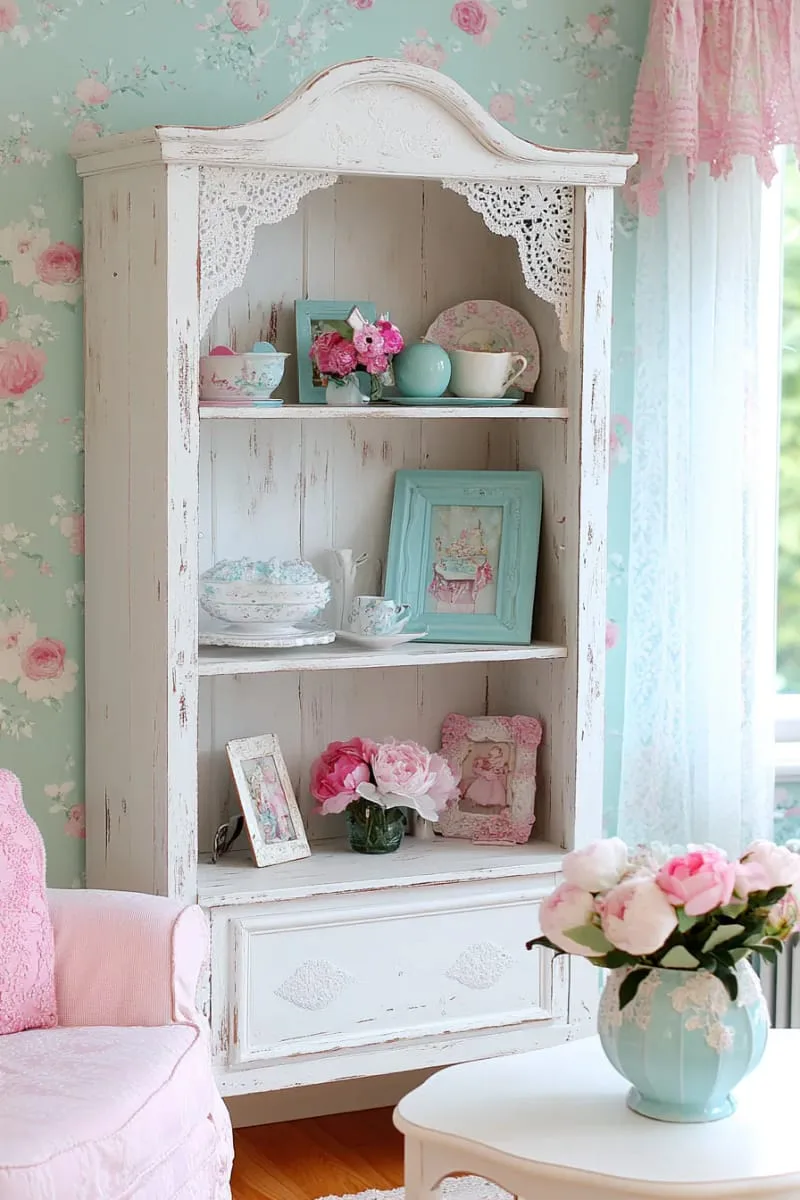 shabby chic shelf with lace doilies, pastel baubles, and paper stars 1