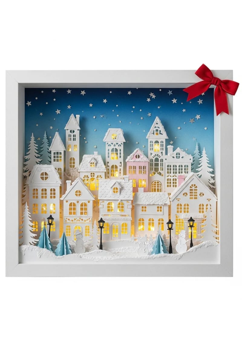 shadowbox snowy town scene with layered cardstock buildings 1