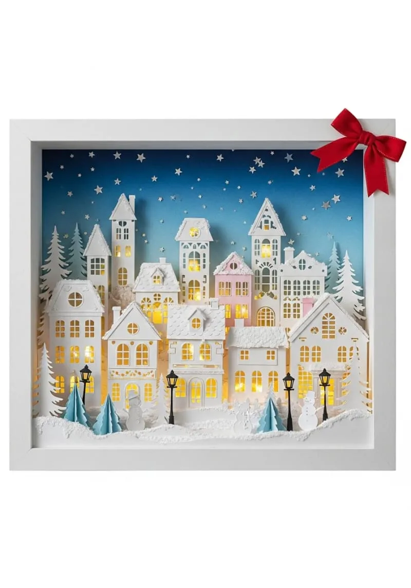 shadowbox snowy town scene with layered cardstock buildings 1