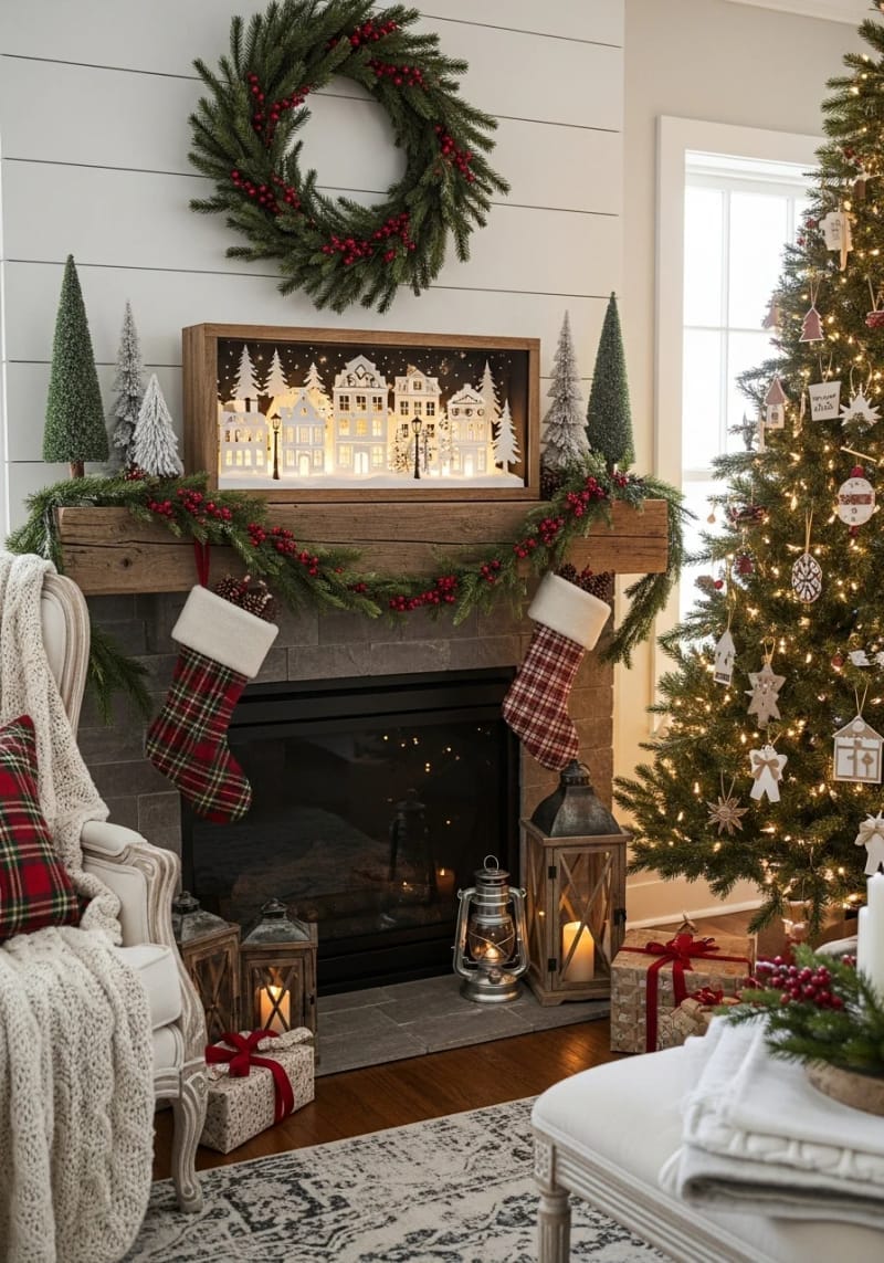 shadowbox snowy town scene with layered cardstock buildings 1