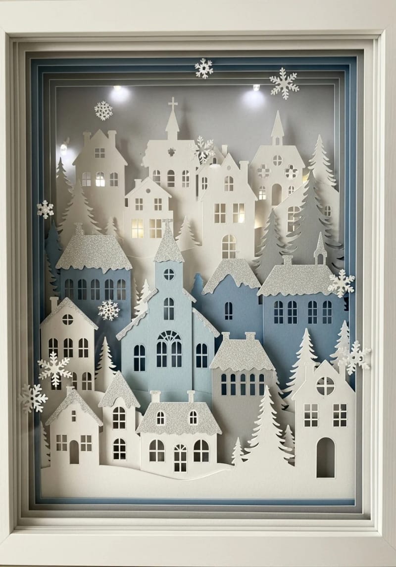 shadowbox snowy town scene with layered cardstock buildings 1