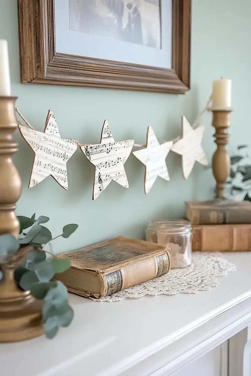 25 Upcycled Christmas Crafts DIY: Unique & Budget Friendly Decor Ideas 128 sheet music paper star garland for vintage-inspired decor 1