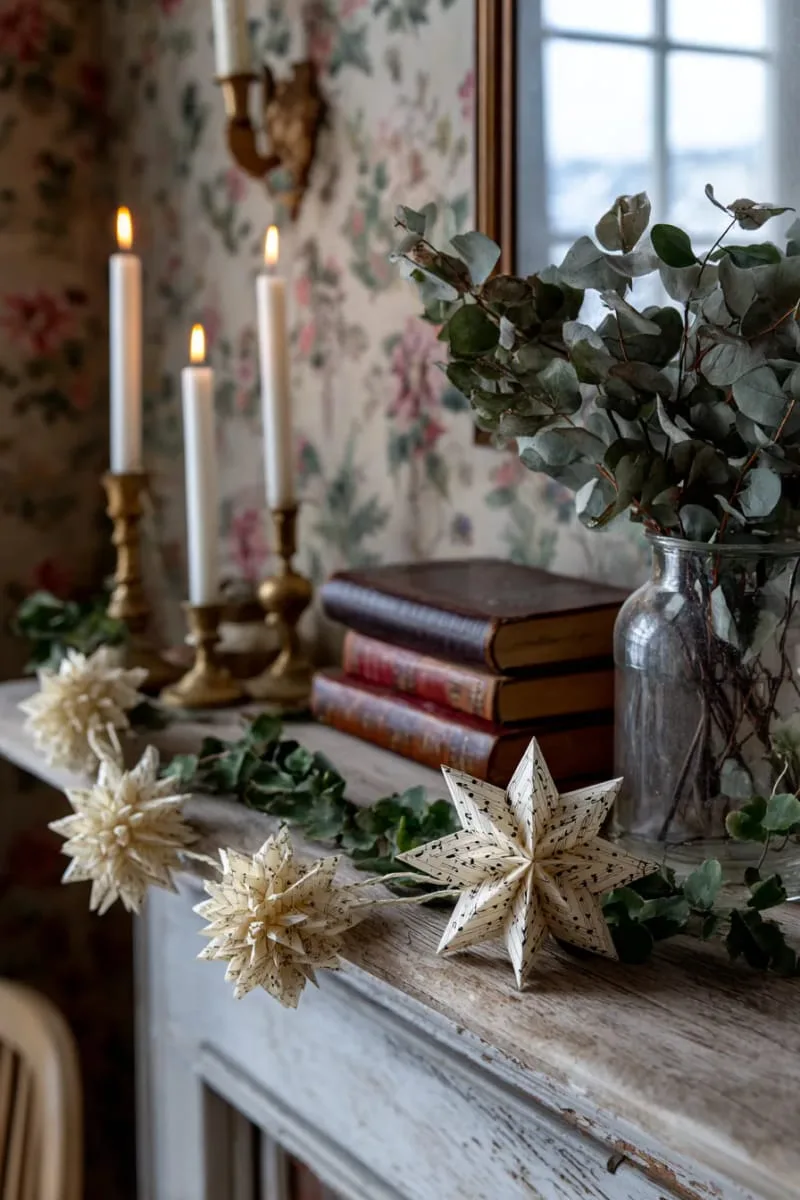 25 Upcycled Christmas Crafts DIY: Unique & Budget Friendly Decor Ideas 131 sheet music paper star garland for vintage-inspired decor 1