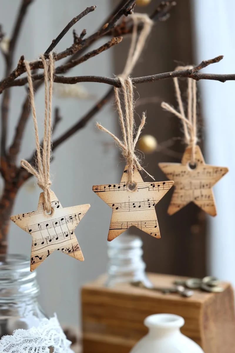 27 Unique Homemade Christmas Decorations You'll Love 60 sheet music star ornaments for a vintage touch 1