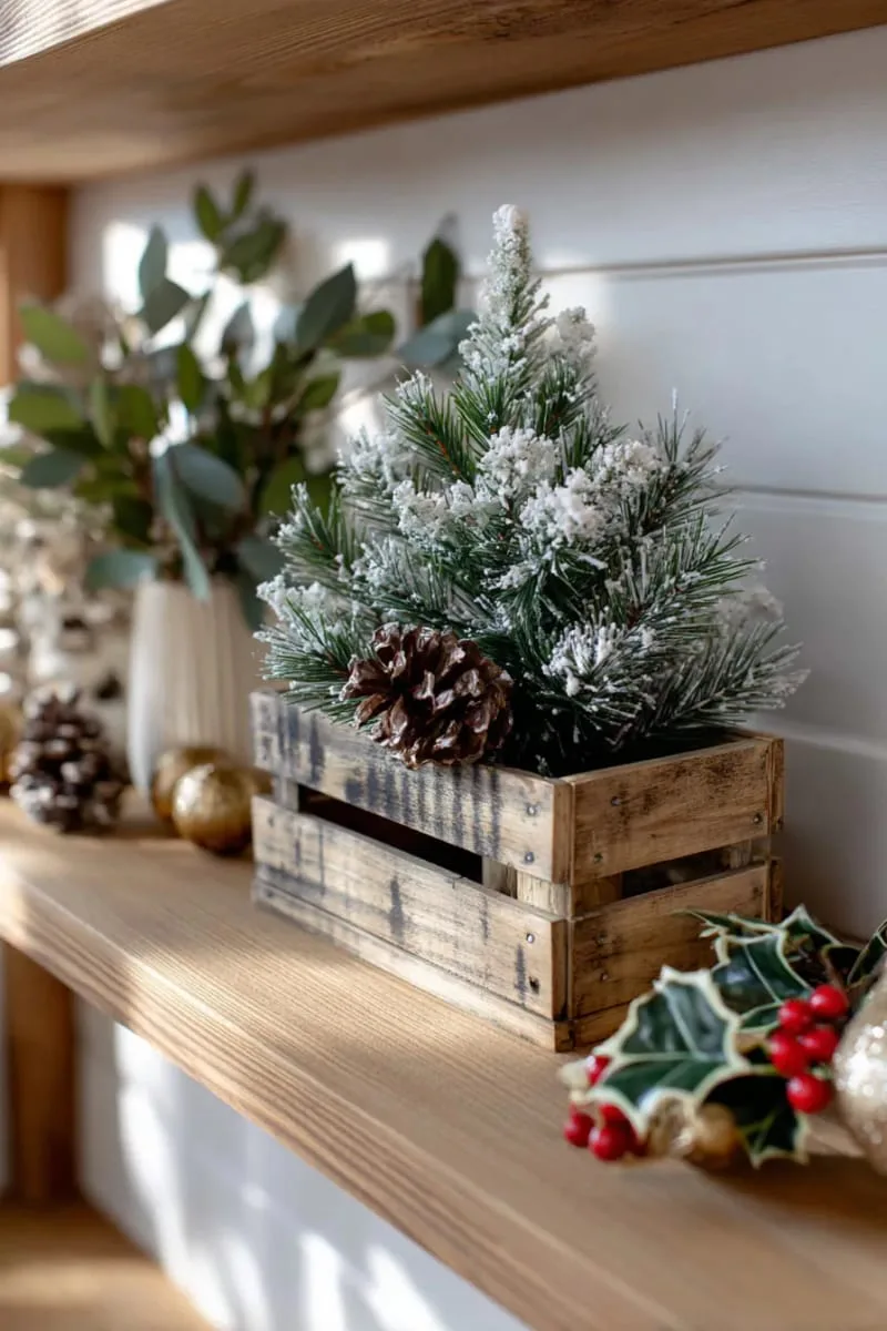 shelf vignette with mini flocked christmas tree in a rustic wooden crate 1