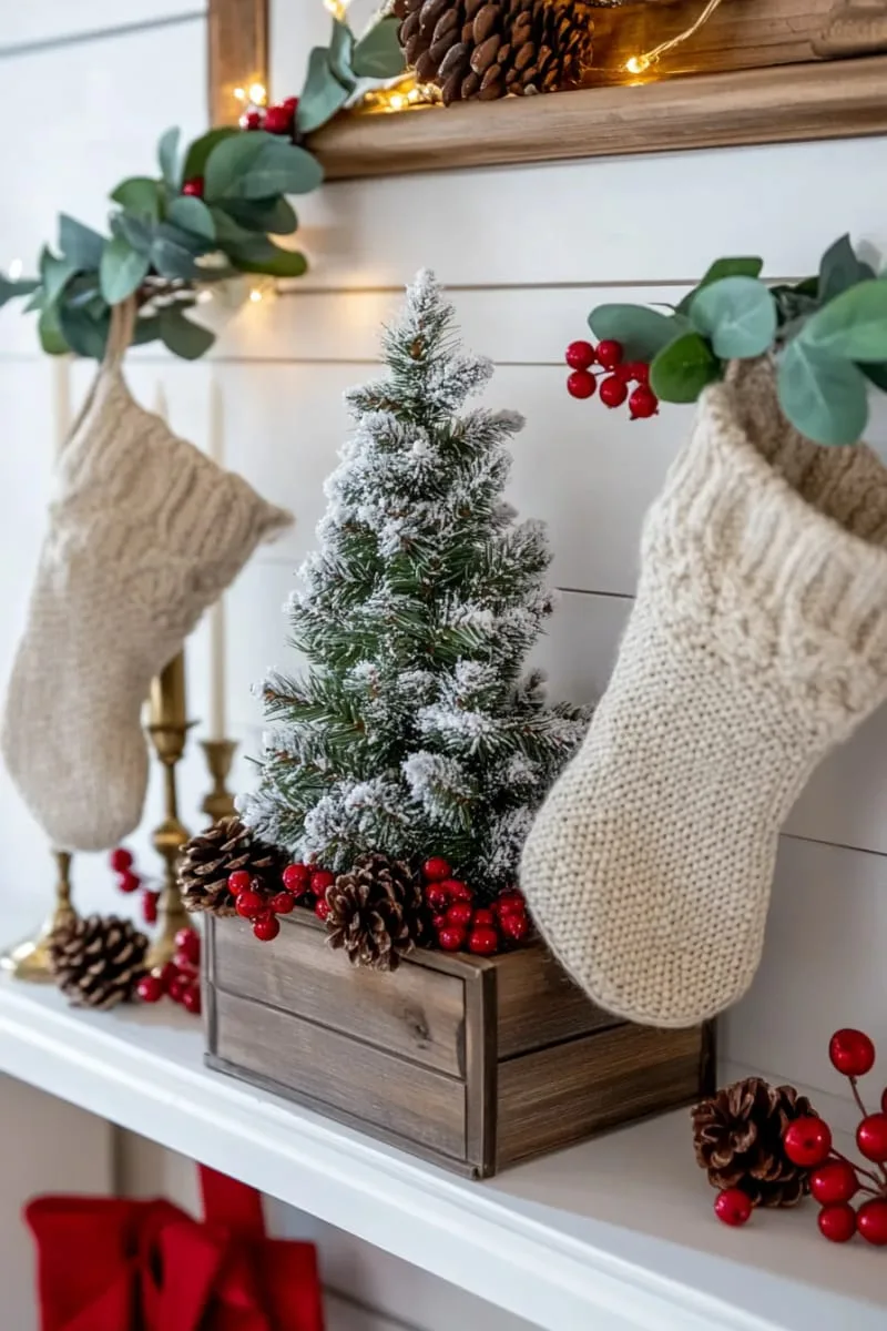 shelf vignette with mini flocked christmas tree in a rustic wooden crate 1