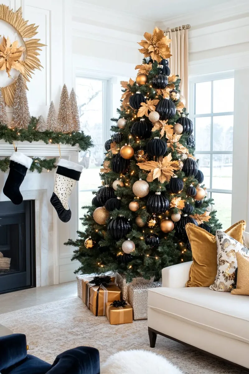 shimmering black icicle ornaments catching the twinkle lights on branches 1