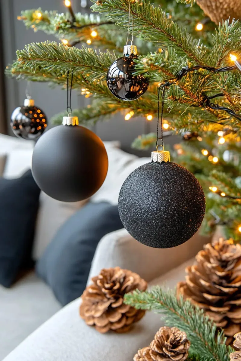 shimmering black icicle ornaments catching the twinkle lights on branches 1