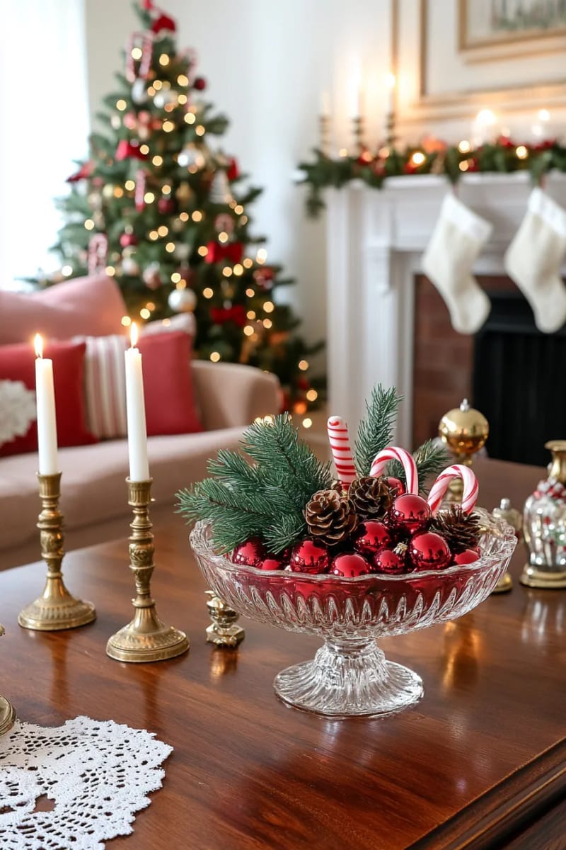 27 Vintage Christmas Decorations You'll Love 10 shimmering glass baubles, pinecones, and candy canes in a vintage punch bowl centerpiece 1