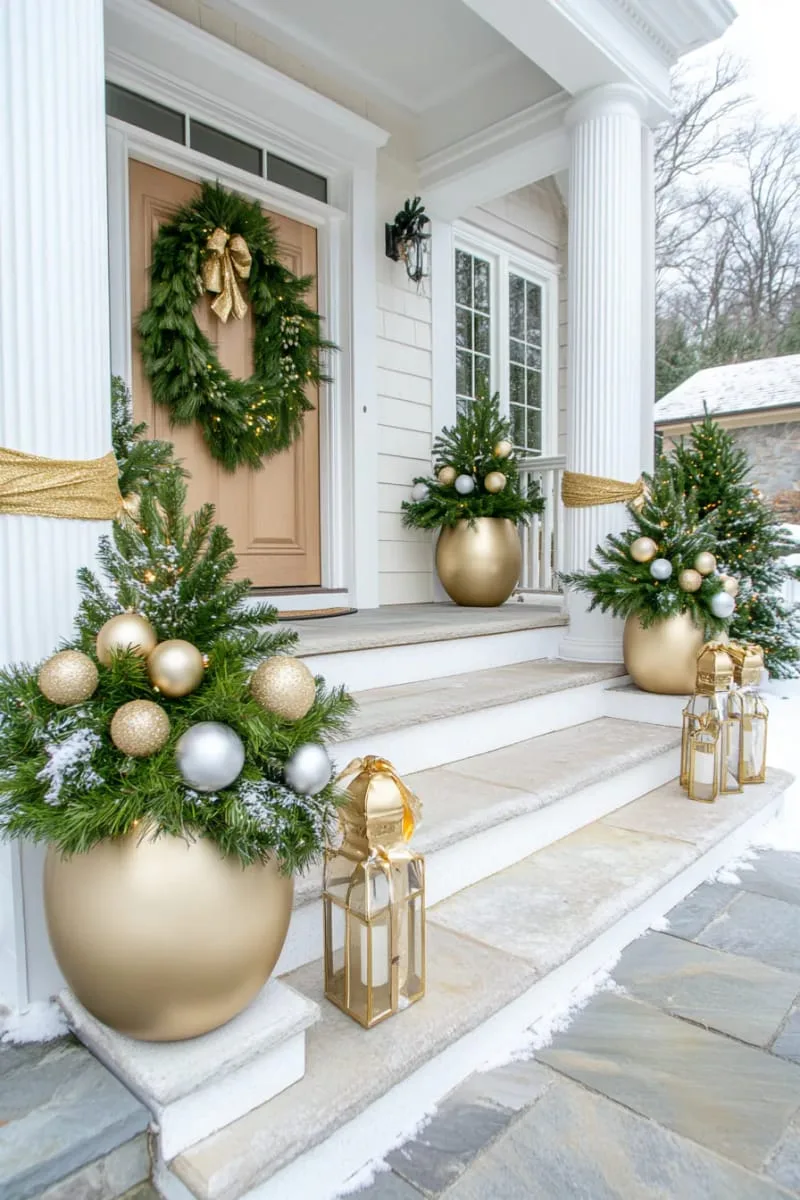shimmering gold and white outdoor planters with evergreens and baubles 1