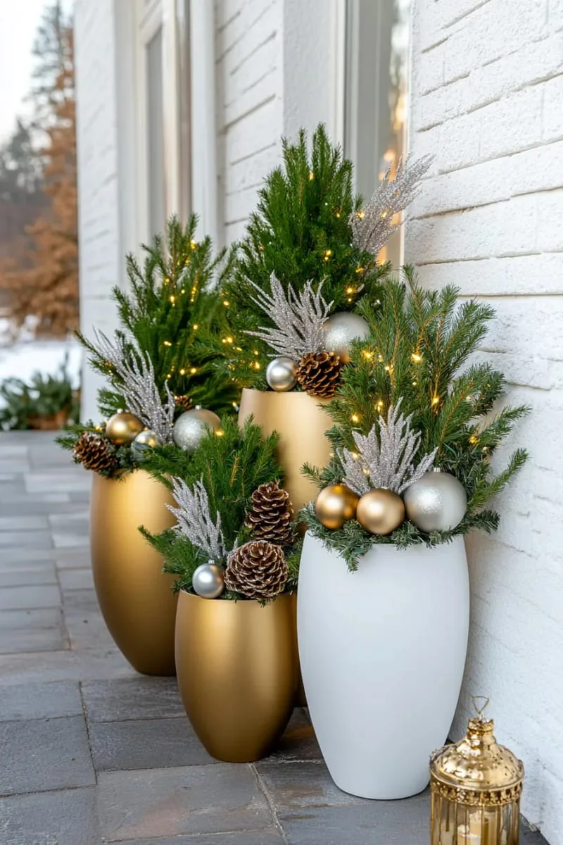 shimmering gold and white outdoor planters with evergreens and baubles 1