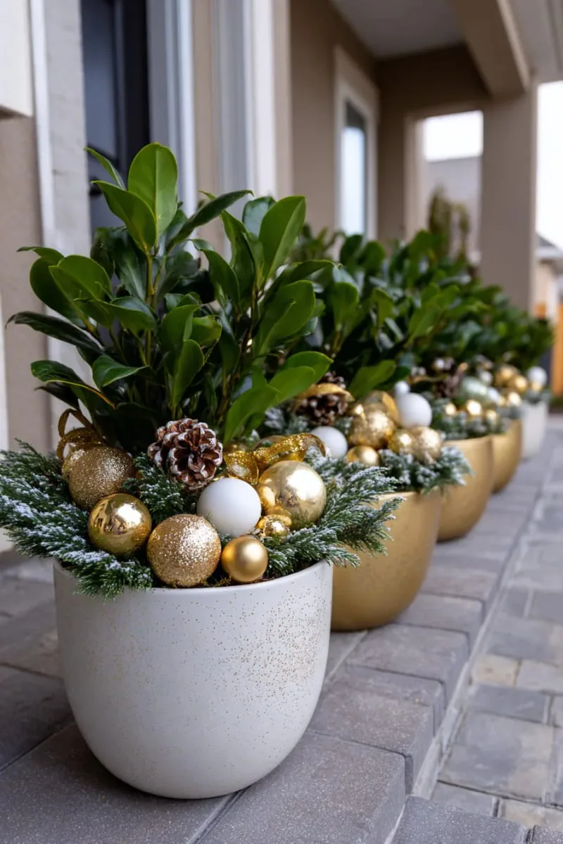 shimmering gold and white outdoor planters with evergreens and baubles 1