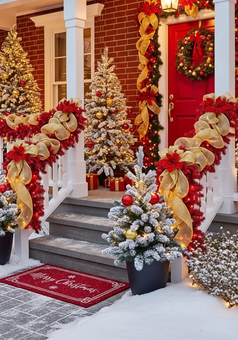 shimmering golden mesh ribbon intertwined with lush red garland on railings 1