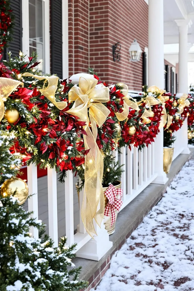 shimmering golden mesh ribbon intertwined with lush red garland on railings 1