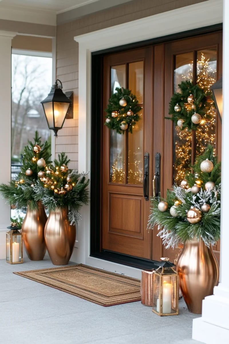 29 Festive Christmas Door Decor Ideas for a Magical Entry 41 shimmering metallic ornament clusters and frosted greenery on both sides 1
