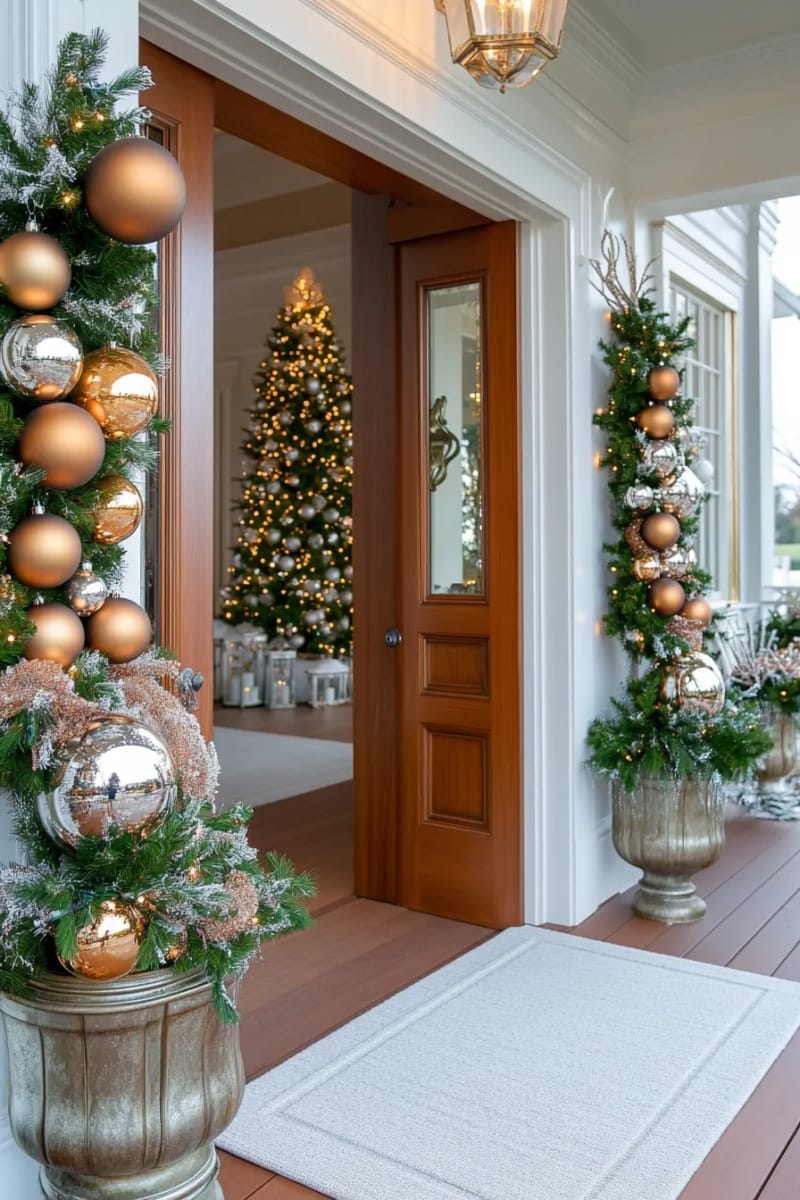 29 Festive Christmas Door Decor Ideas for a Magical Entry 42 shimmering metallic ornament clusters and frosted greenery on both sides 1