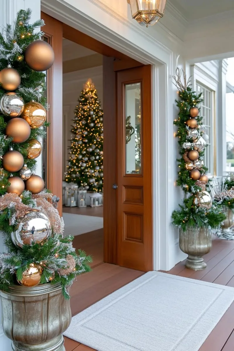 shimmering metallic ornament clusters and frosted greenery on both sides 1