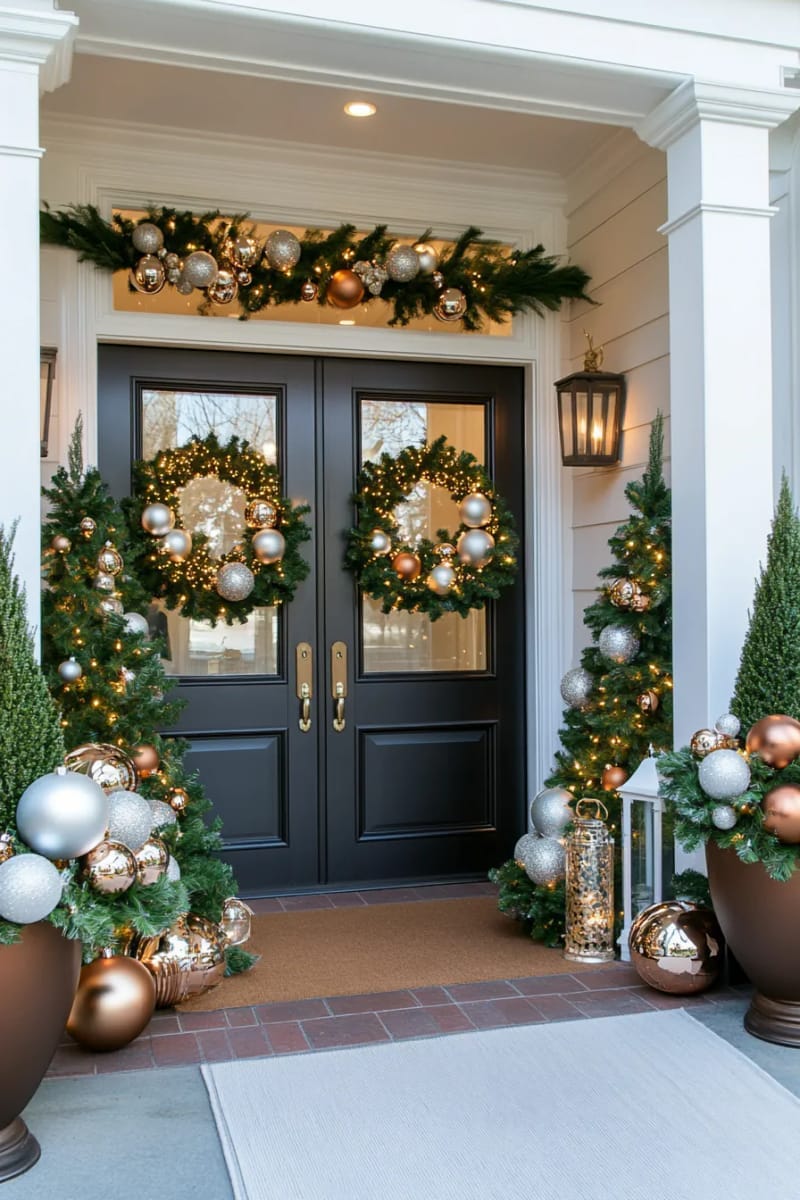 29 Festive Christmas Door Decor Ideas for a Magical Entry 43 shimmering metallic ornament clusters and frosted greenery on both sides 1