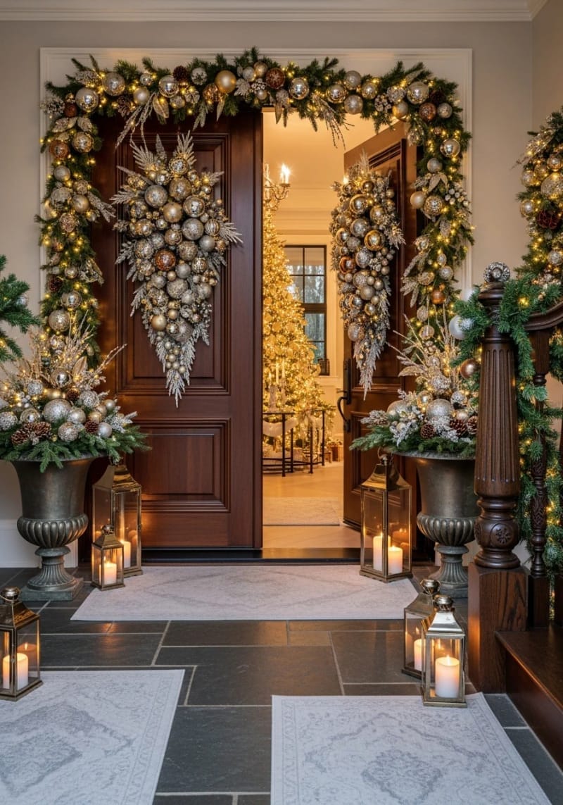 29 Festive Christmas Door Decor Ideas for a Magical Entry 44 shimmering metallic ornament clusters and frosted greenery on both sides 1