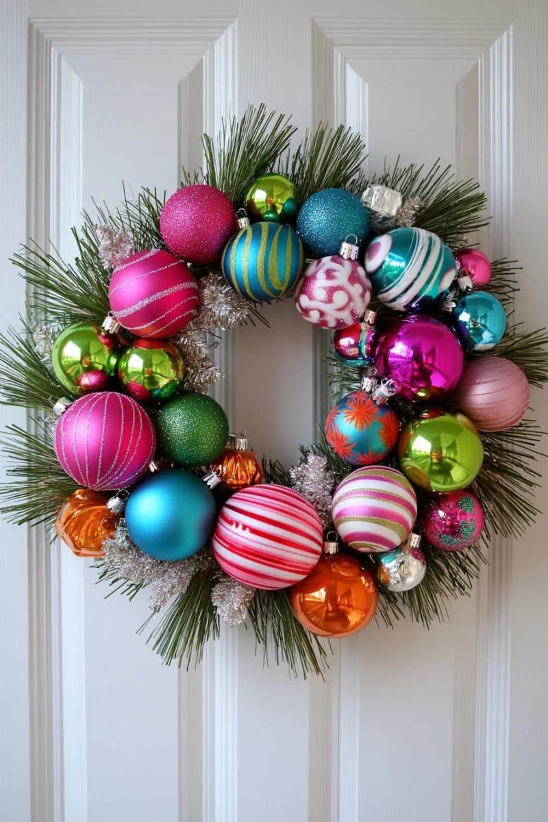 23 Kitsch Christmas Decor Ideas Full of Color, Whimsy, and Cheer 44 shiny brite ornament wreath with wild color combos and glitter accents 1