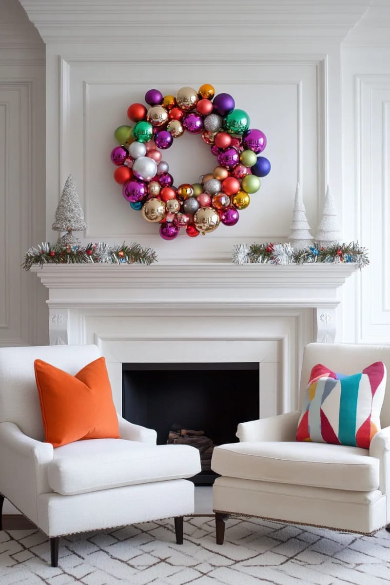 23 Kitsch Christmas Decor Ideas Full of Color, Whimsy, and Cheer 45 shiny brite ornament wreath with wild color combos and glitter accents 1