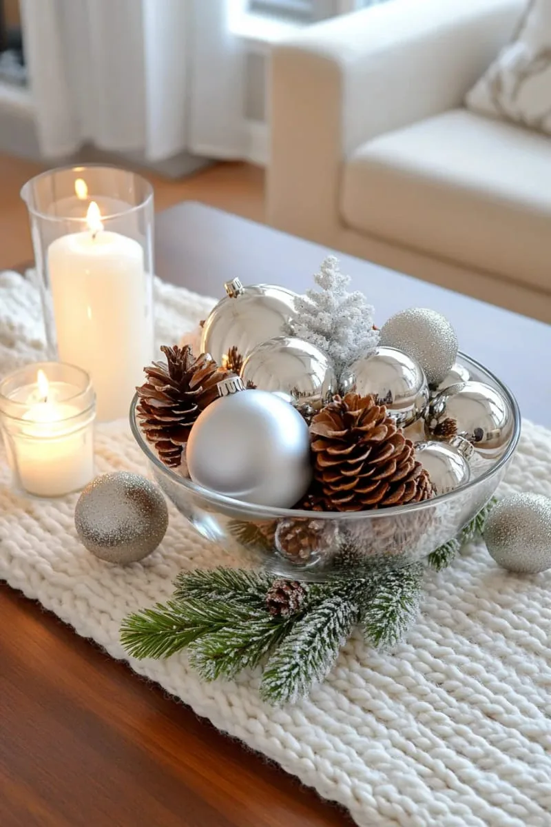 silver and white bauble bowl centerpiece for the coffee table 1