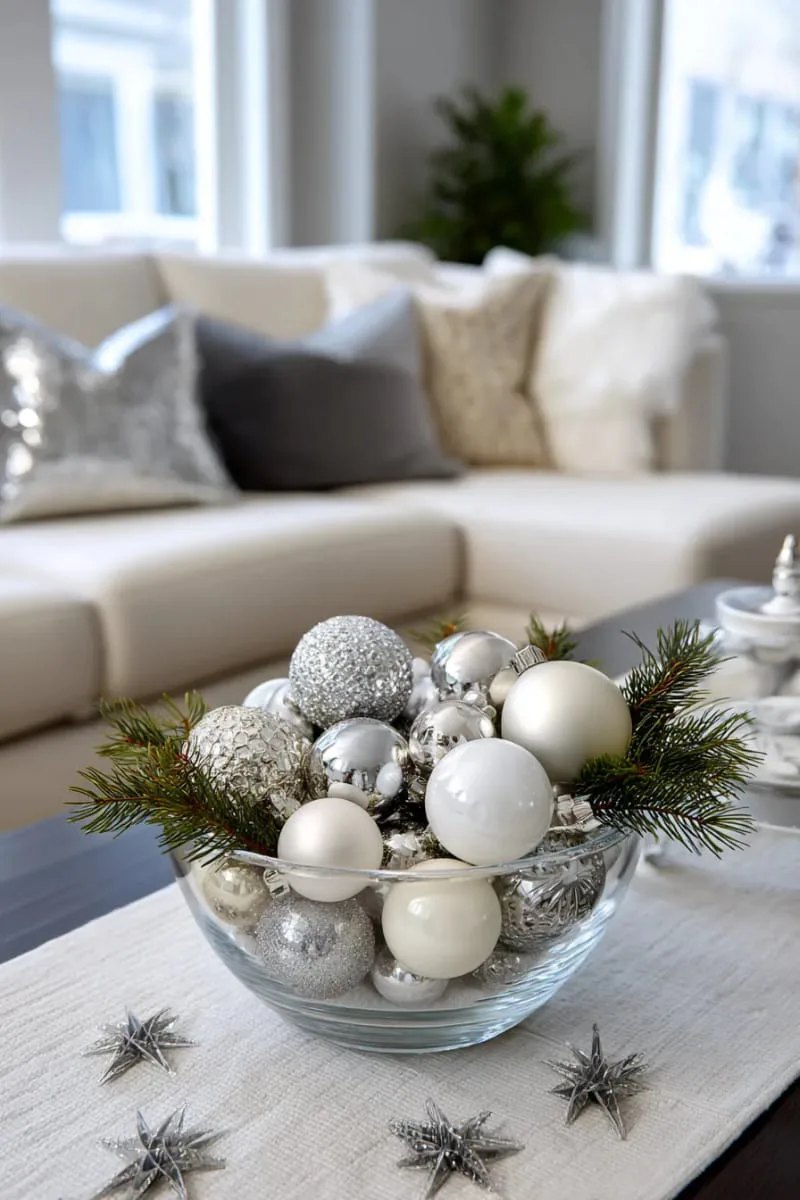 silver and white bauble bowl centerpiece for the coffee table 1