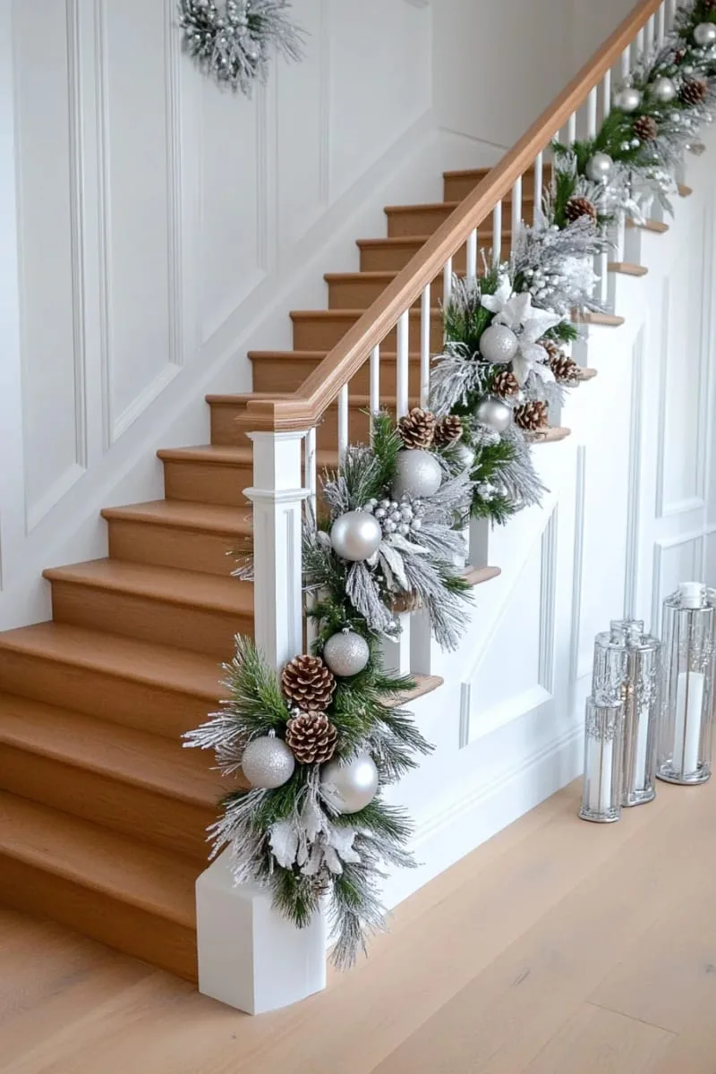 25 New Gorgeous White Christmas Decor Ideas That Wow 37 silver and white pine garland wrapped around a minimalist banister 1