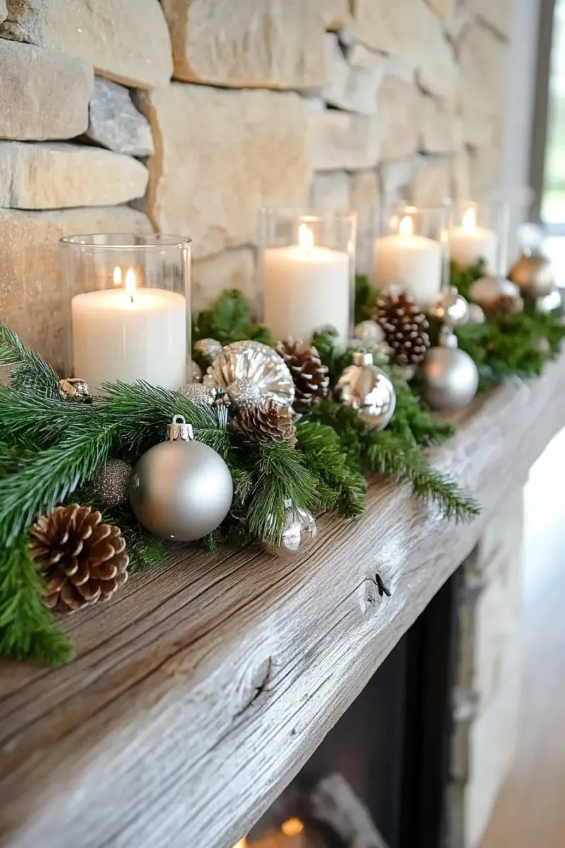 silver bell garland draped over a rustic wooden mantle 1