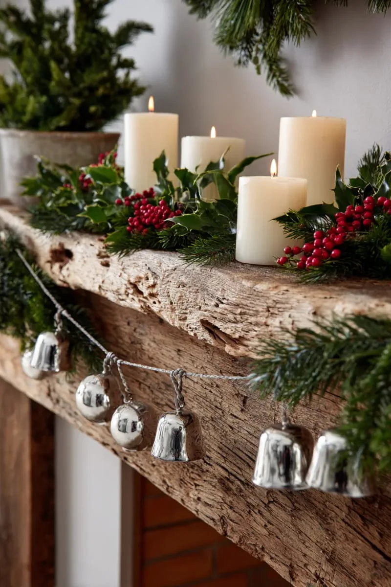 silver bell garland draped over a rustic wooden mantle 1