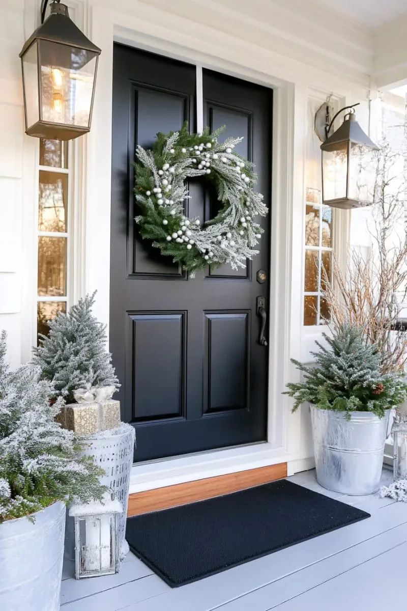 25 New Gorgeous White Christmas Decor Ideas That Wow 18 silvery-white eucalyptus and berry wreath on a modern black door 1