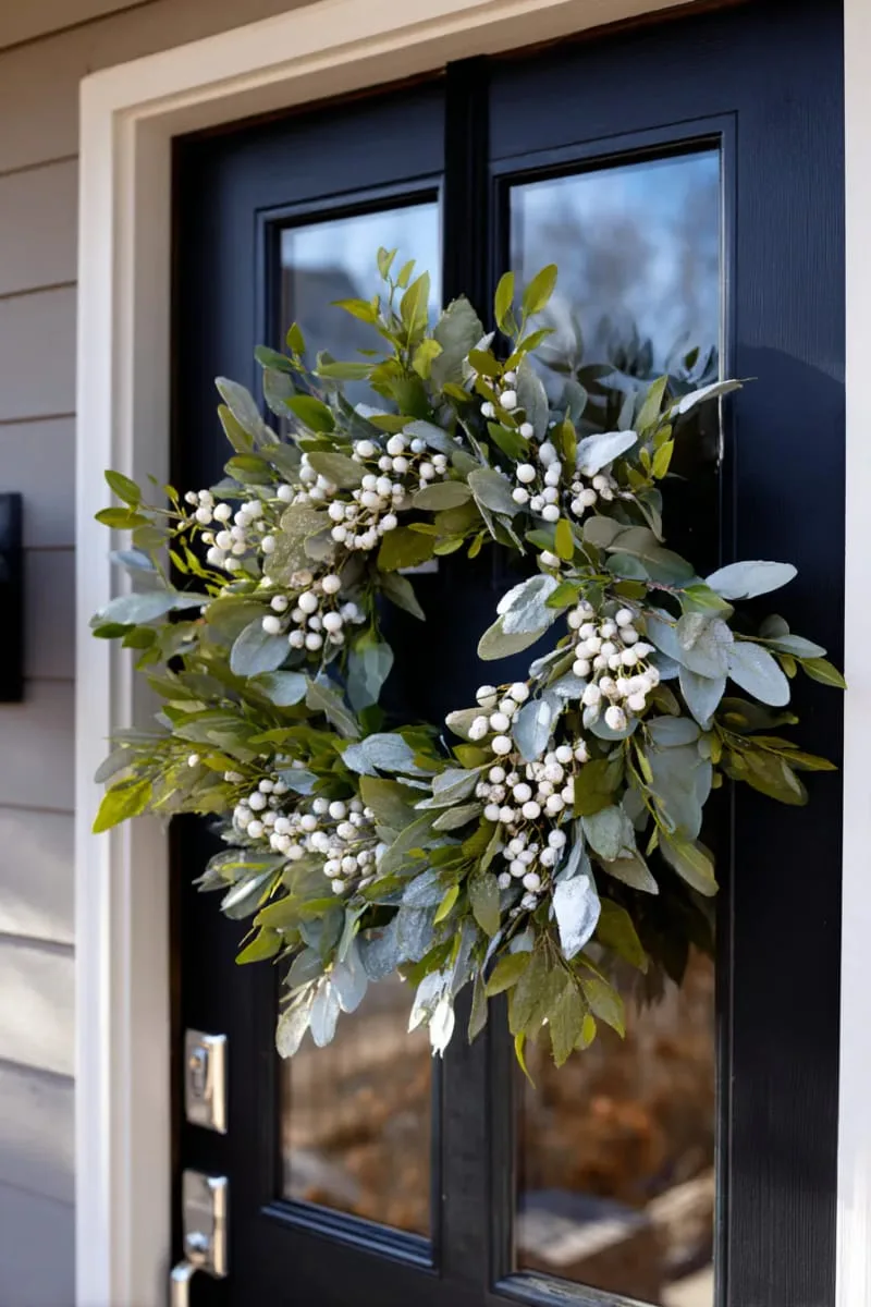 25 New Gorgeous White Christmas Decor Ideas That Wow 19 silvery-white eucalyptus and berry wreath on a modern black door 1