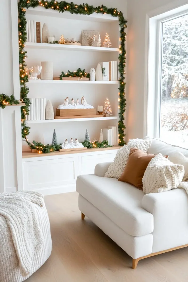 simple ceramic nativity scene on a backdrop of snowy white books 1
