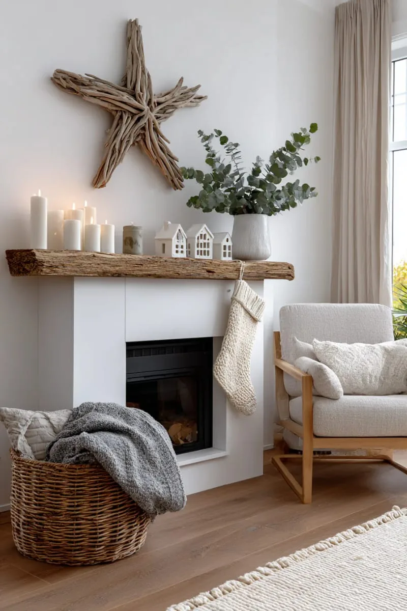 simple driftwood star above the fireplace mantel 1