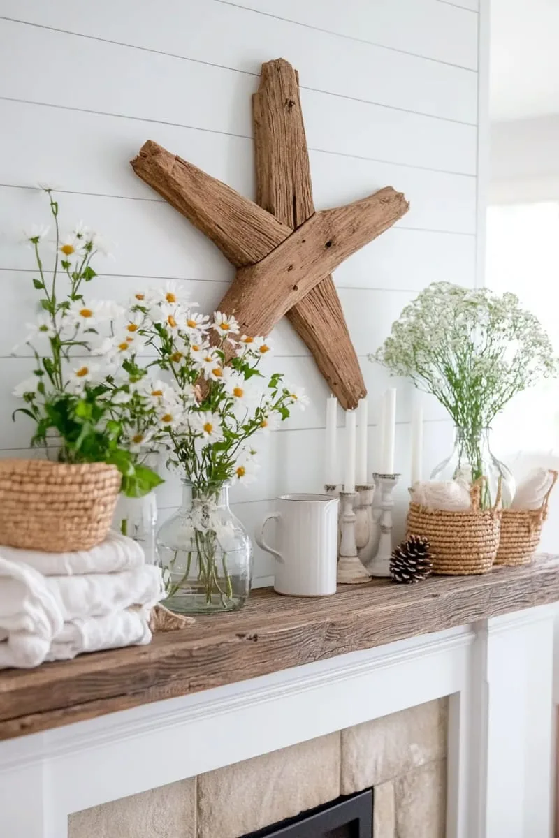 simple driftwood star above the fireplace mantel 1