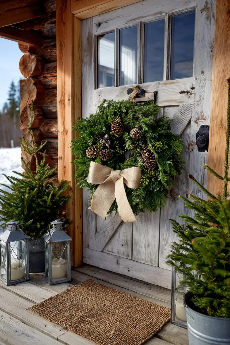 simple evergreen wreath with pinecones and burlap bow for the front door 1