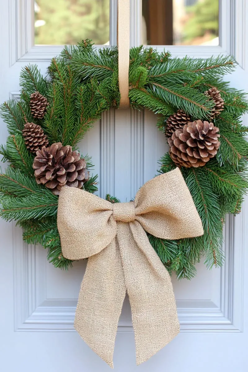 simple evergreen wreath with pinecones and burlap bow for the front door 1