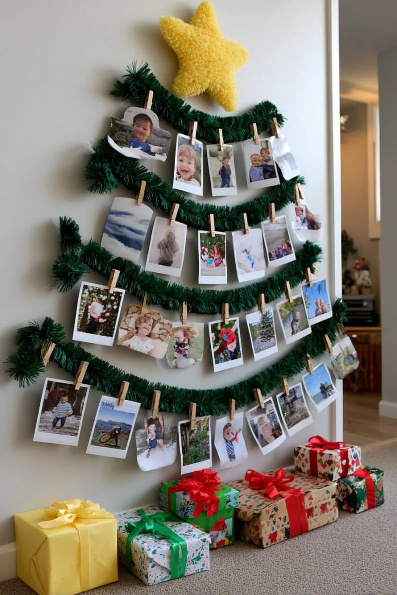 23 Kids Christmas Tree Ideas Full of Color, Whimsy, and Holiday Cheer 37 simple garland tree on the wall with mini clothespin photo ornaments 1
