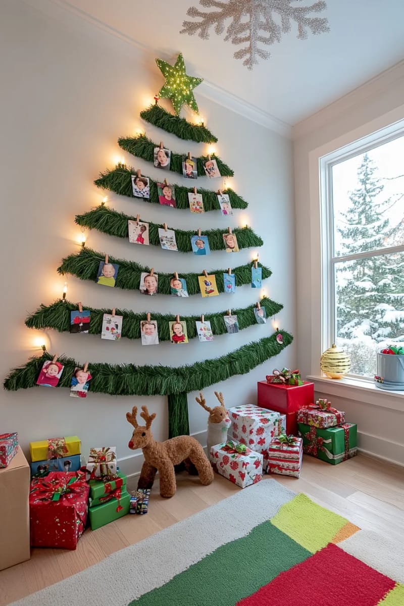 23 Kids Christmas Tree Ideas Full of Color, Whimsy, and Holiday Cheer 38 simple garland tree on the wall with mini clothespin photo ornaments 1