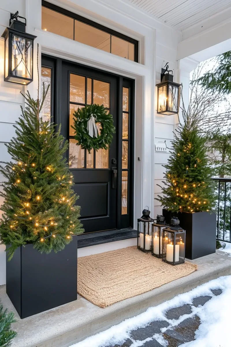 15 Dreamy Front Porch Christmas Trees to Try This Year 14 simple minimalist trees in matte black planters with white lights only 1