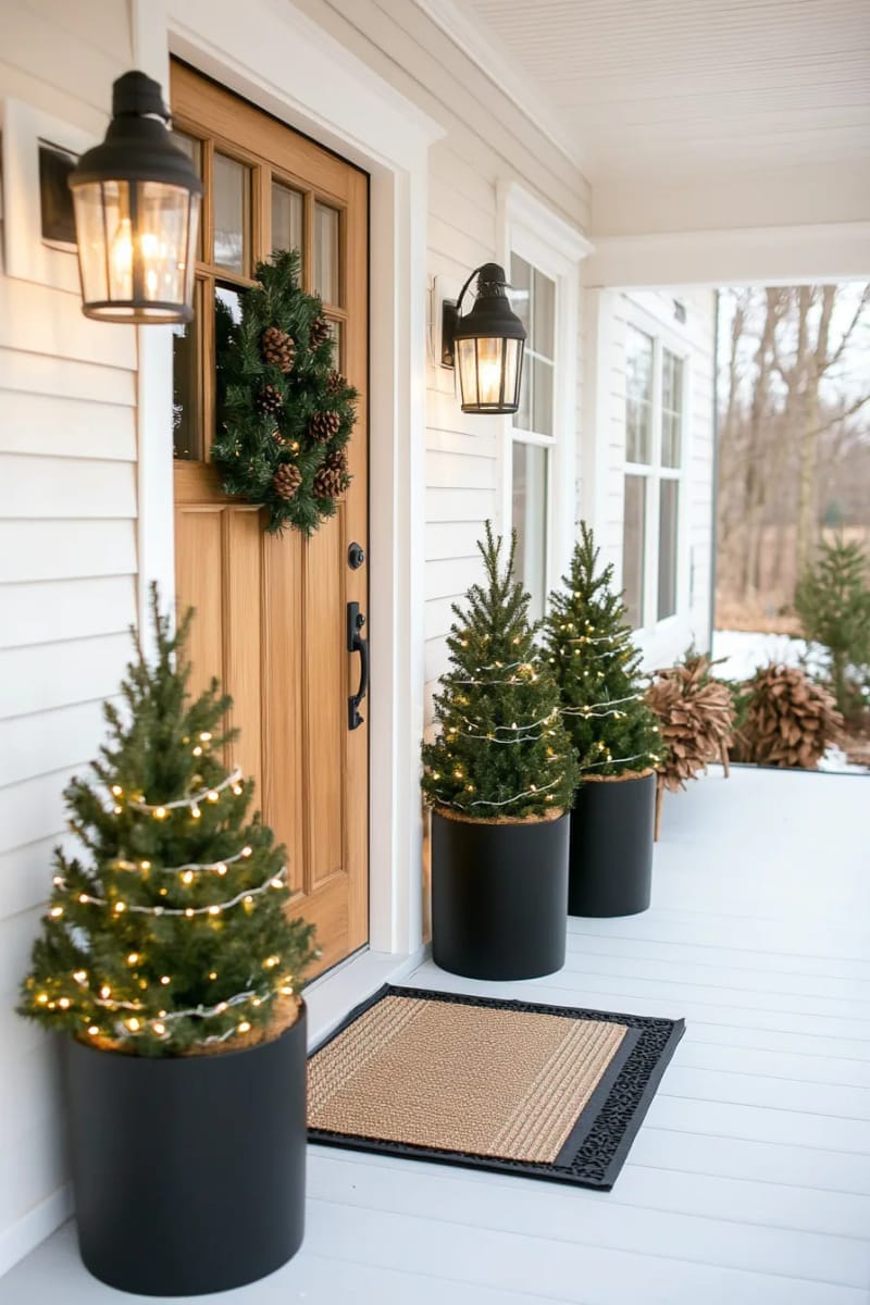 15 Dreamy Front Porch Christmas Trees to Try This Year 16 simple minimalist trees in matte black planters with white lights only 1