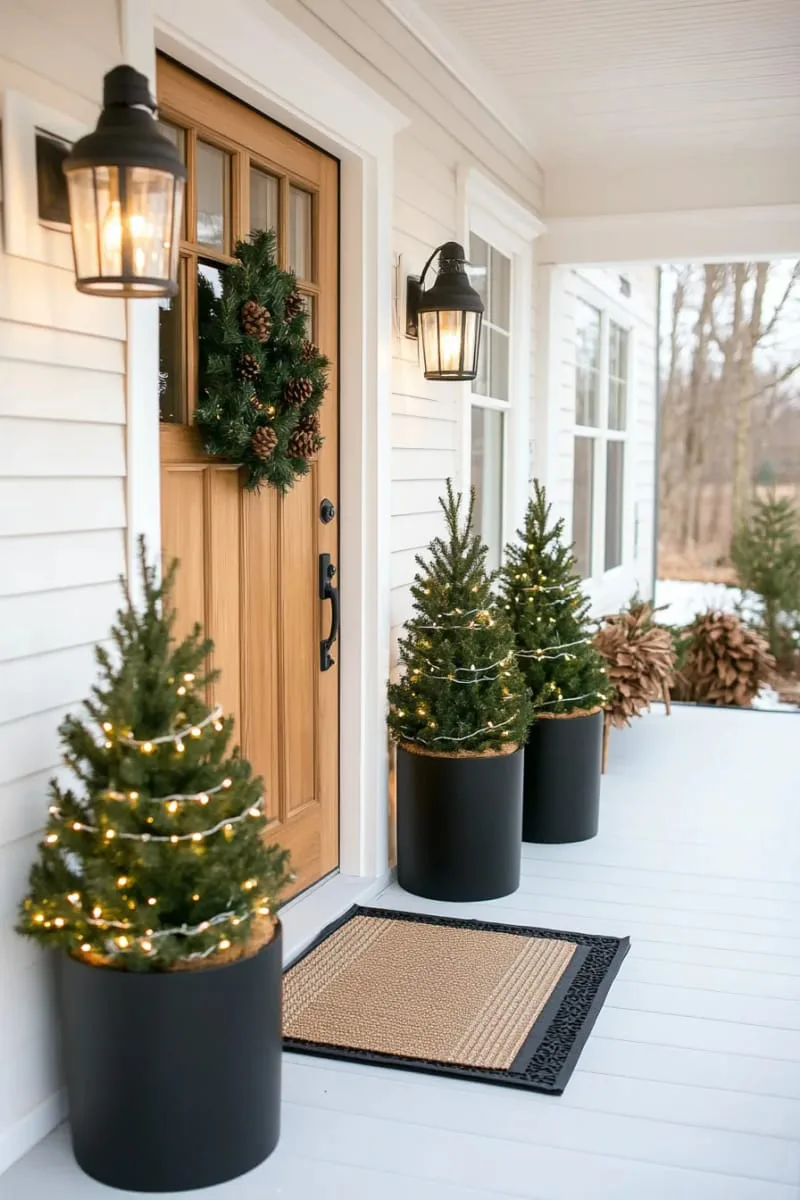 15 Dreamy Front Porch Christmas Trees to Try This Year 15 simple minimalist trees in matte black planters with white lights only 1
