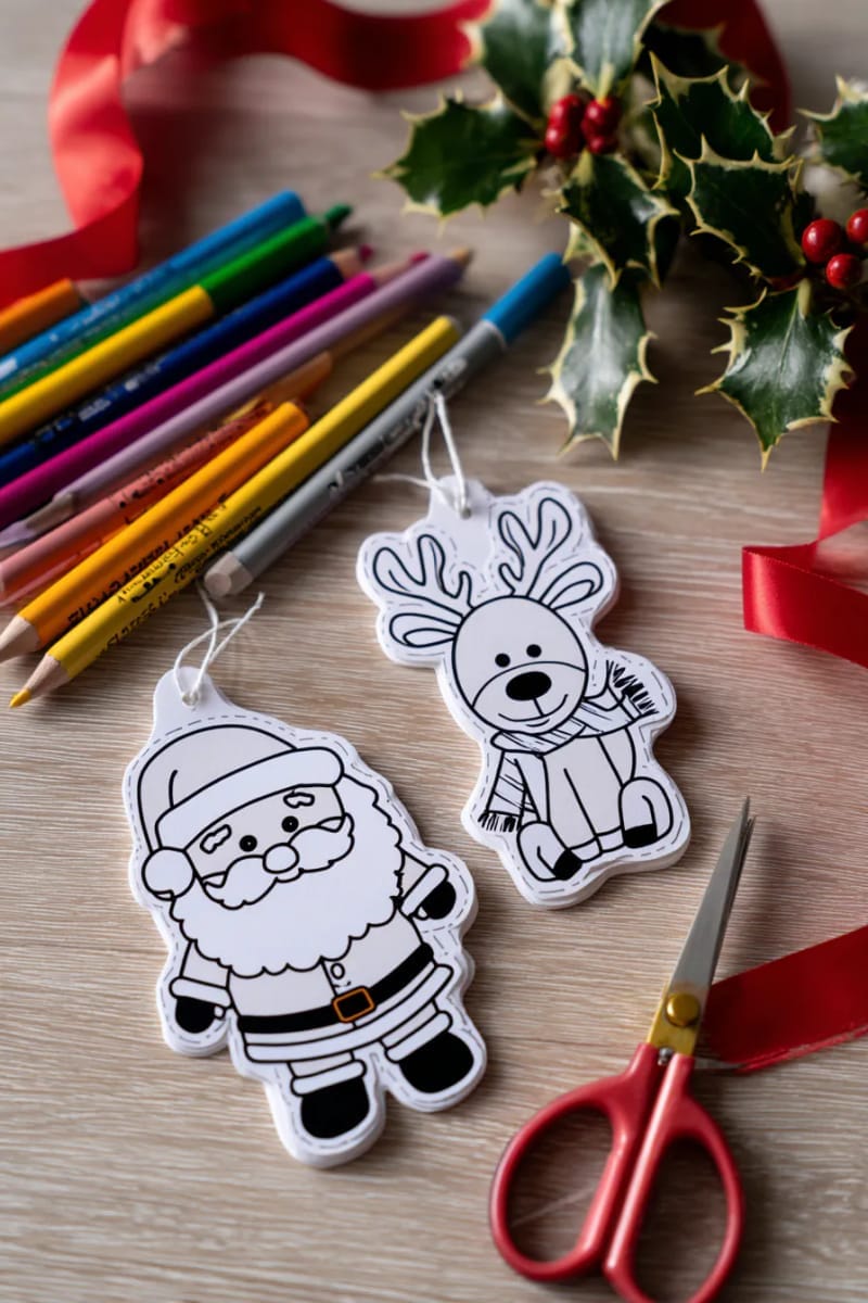 simple printable santa and reindeer paper ornaments for coloring and cutting 1