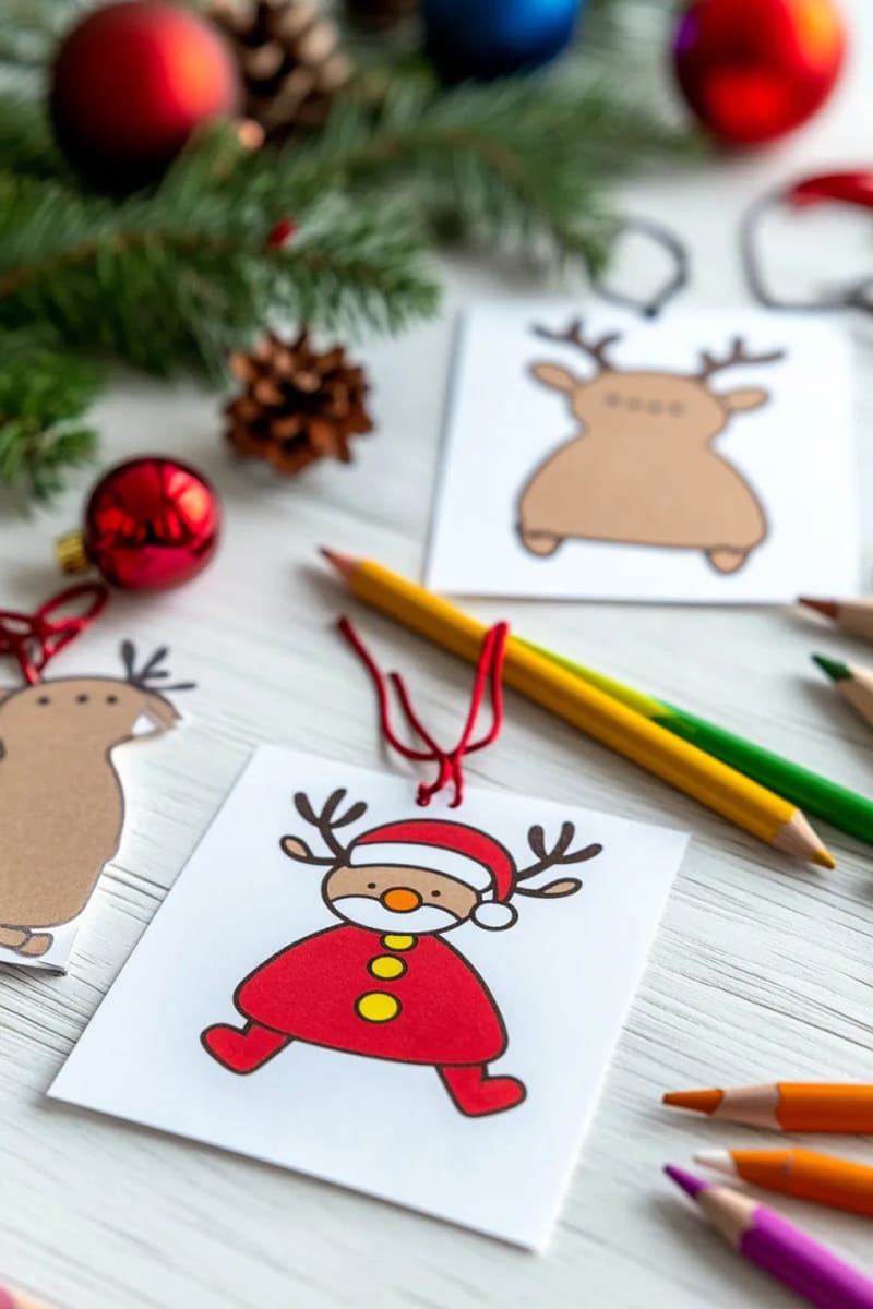 simple printable santa and reindeer paper ornaments for coloring and cutting 1