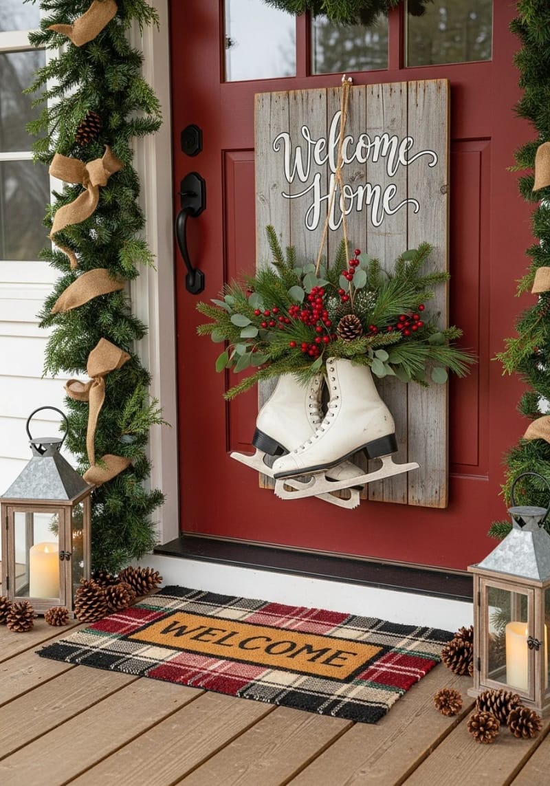 skates filled with greenery hanging from a wooden signboard by the door. 1