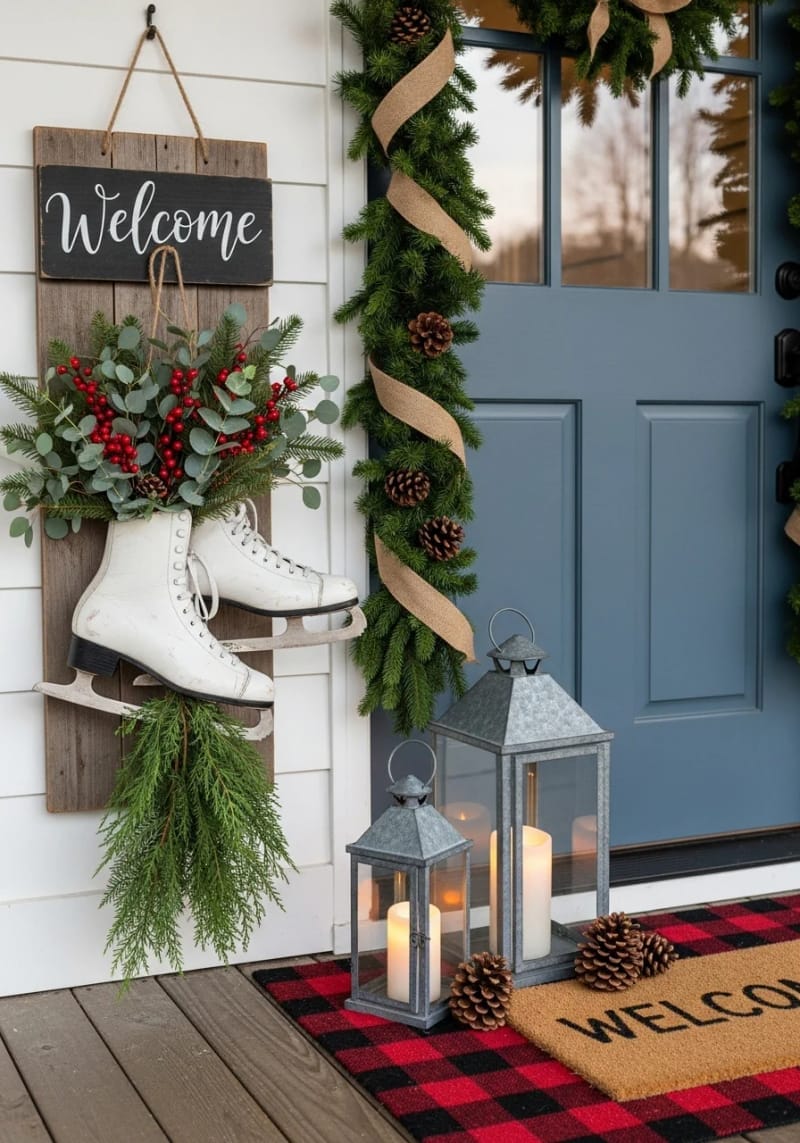 skates filled with greenery hanging from a wooden signboard by the door. 1