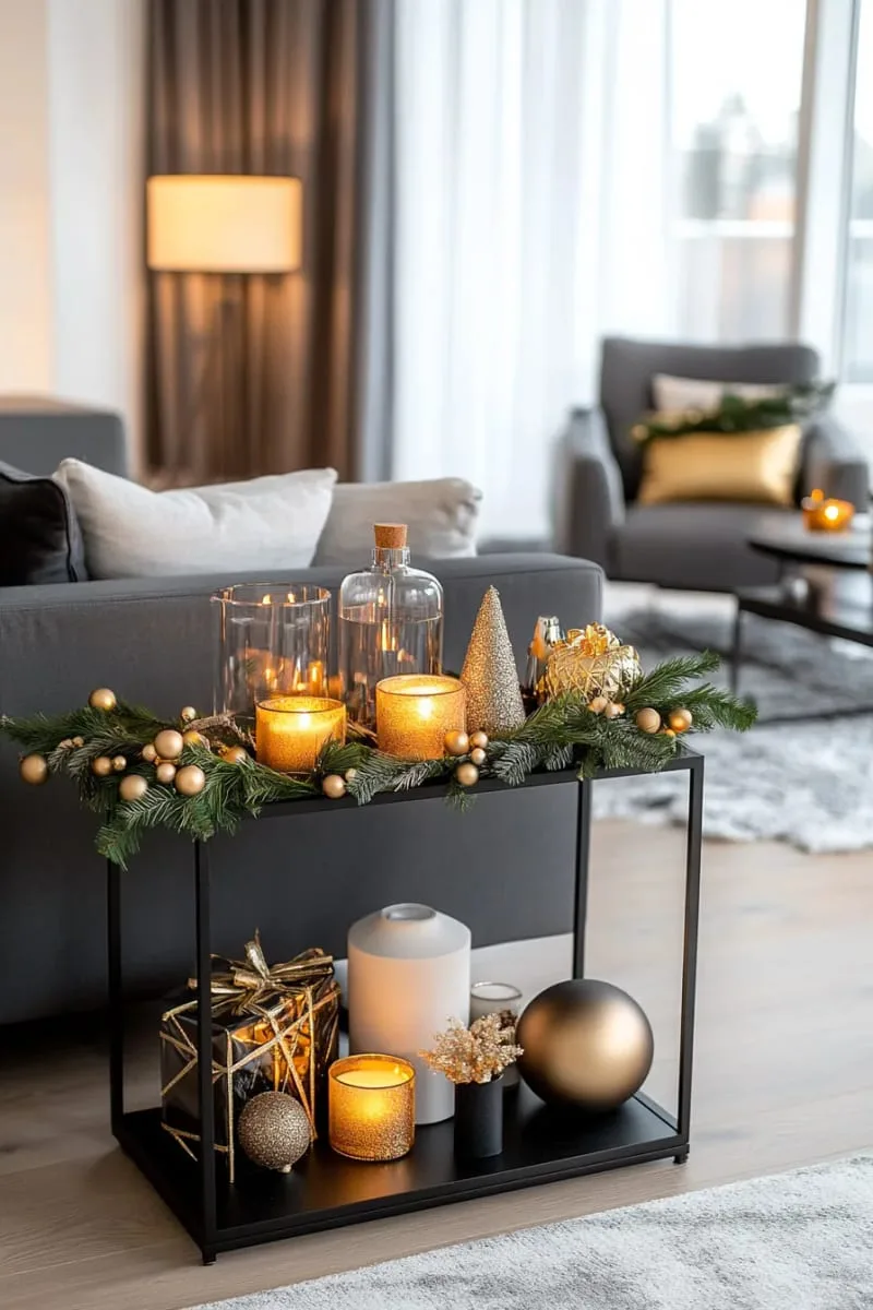 sleek black garlands draped across modern shelving with metallic accents 1