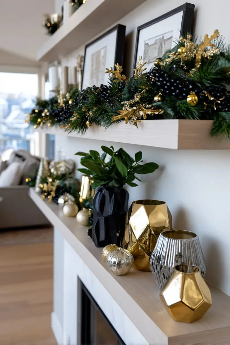 sleek black garlands draped across modern shelving with metallic accents 1