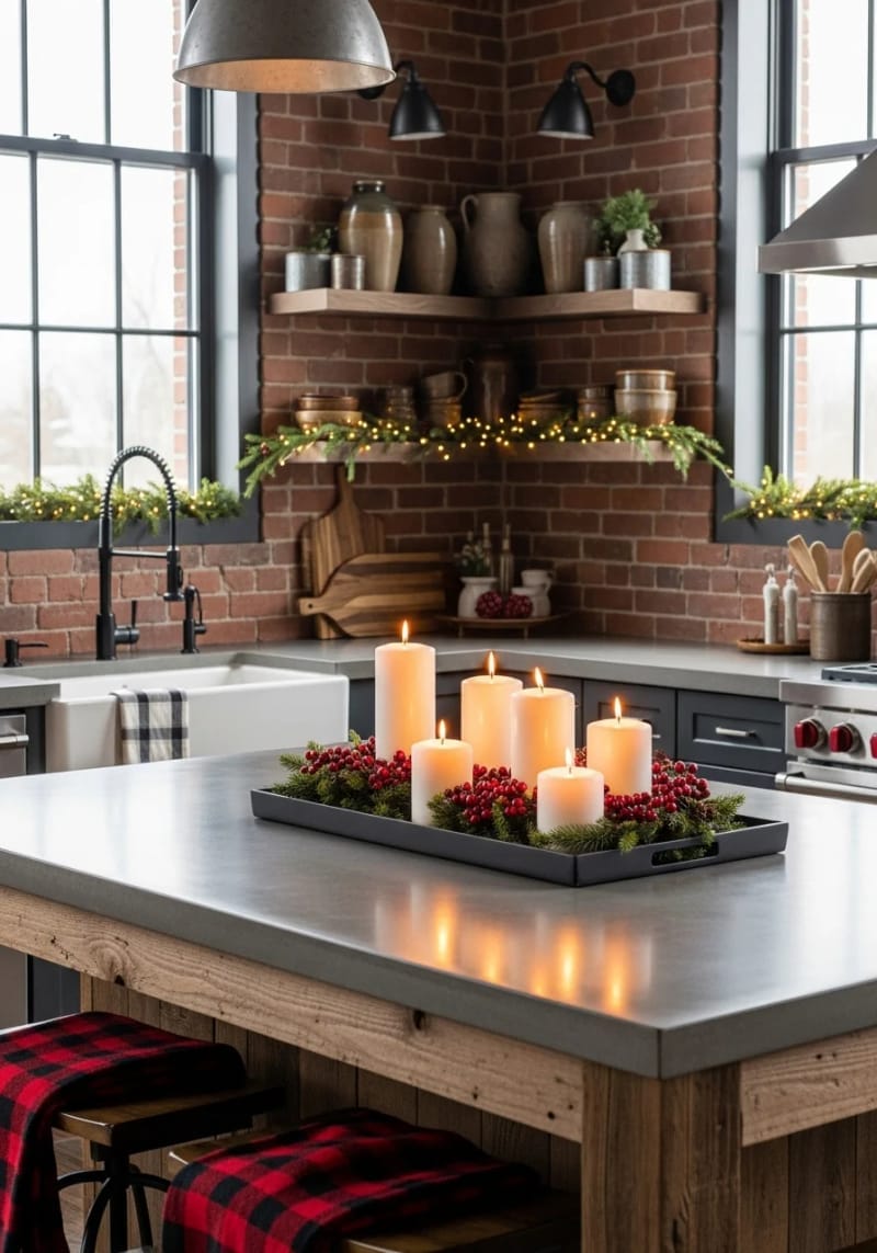 23 Christmas Countertop Decor Ideas Guests Can’t Stop Talking About 17 sleek black tray with pillar candles, mini wreaths, and faux cranberries 1